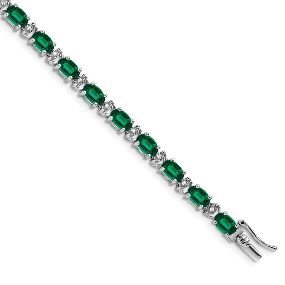 14k White Gold Oval Created Emerald & Diamond Bracelet